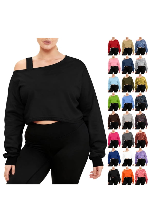 Women's Off Shoulder Crop Sweatshirt Plus Size Fashion One Shoulder Long Sleeve Pullover Top with Strap Design Black S