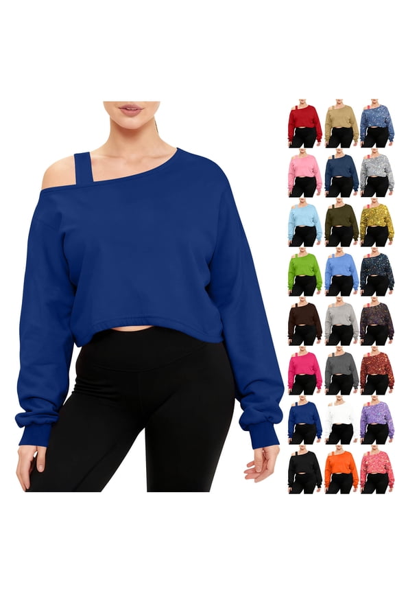 Women's Off Shoulder Crop Sweatshirt Plus Size Fashion One Shoulder Long Sleeve Pullover Top with Strap Design Blue S