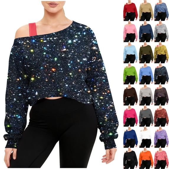 Women's Off Shoulder Crop Sweatshirt Plus Size Fashion One Shoulder Long Sleeve Pullover Top with Strap Design Dark Blue M
