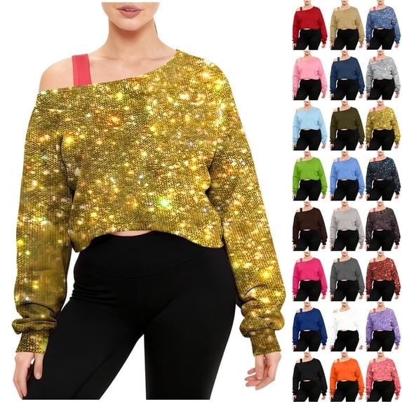 Women's Off Shoulder Crop Sweatshirt Plus Size Fashion One Shoulder Long Sleeve Pullover Top with Strap Design Gold S