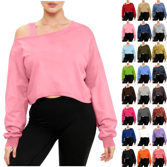 Women's Off Shoulder Crop Sweatshirt Plus Size Fashion One Shoulder Long Sleeve Pullover Top with Strap Design Pink M