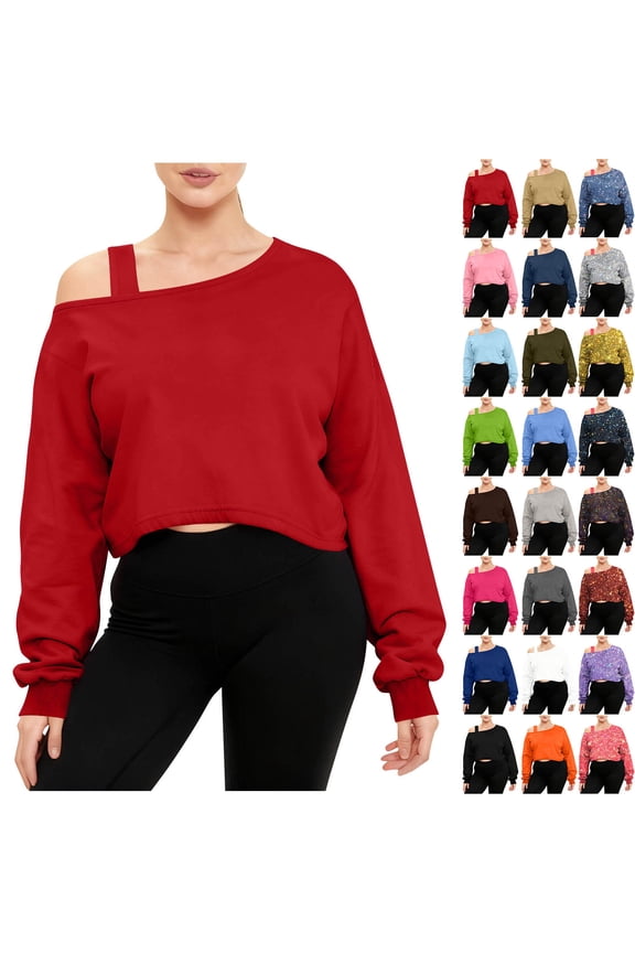 Women's Off Shoulder Crop Sweatshirt Plus Size Fashion One Shoulder Long Sleeve Pullover Top with Strap Design Red XXL