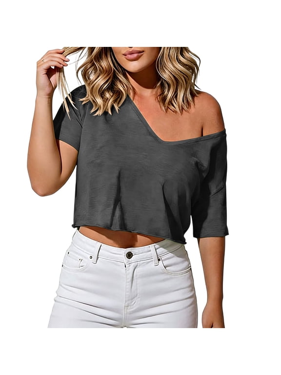 Women's Off Shoulder Crop Top Deep V Neck Short Sleeve Loose Fit Summer Casual Basic Tee Shirt Blouse