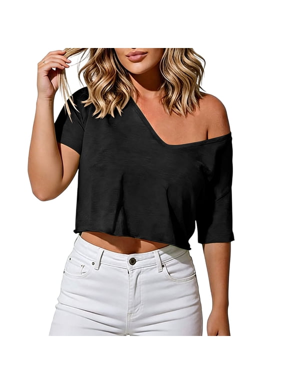 Women's Off Shoulder Crop Top Deep V Neck Short Sleeve Loose Fit Summer Casual Basic Tee Shirt Blouse