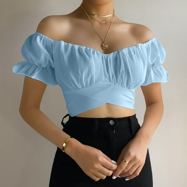 Women's Off Shoulder Crop Top Floral Print Strapless Short Sleeve V Neck Blouses Sexy Crisscross Cropped Tee Shirt