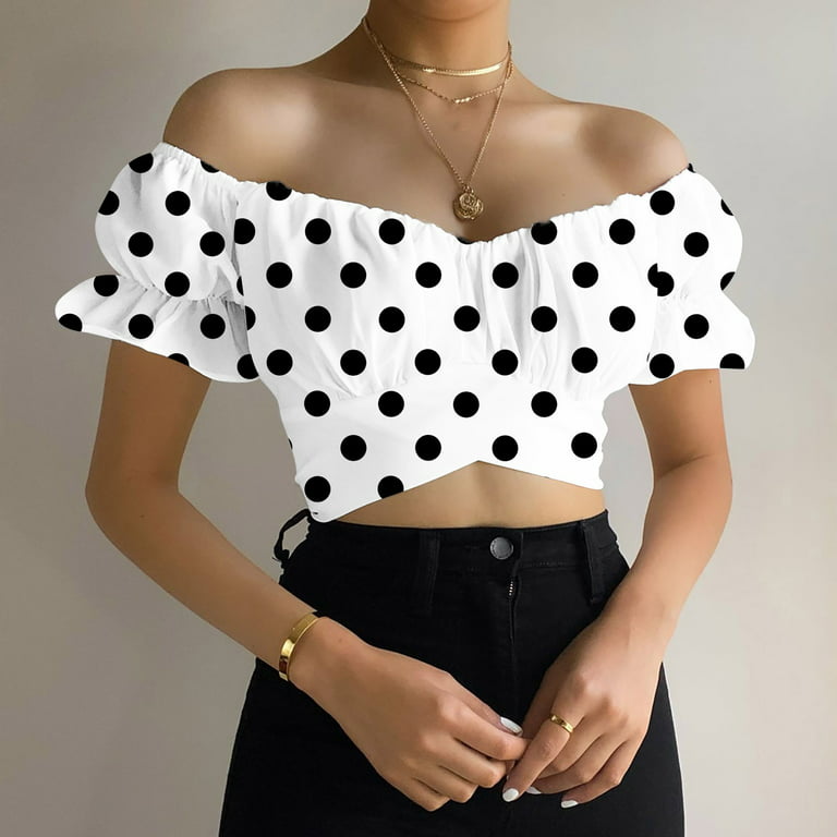 Women's Off Shoulder Crop Top Floral Print Strapless Short Sleeve V Neck  Blouses Sexy Crisscross Cropped Tee Shirt 