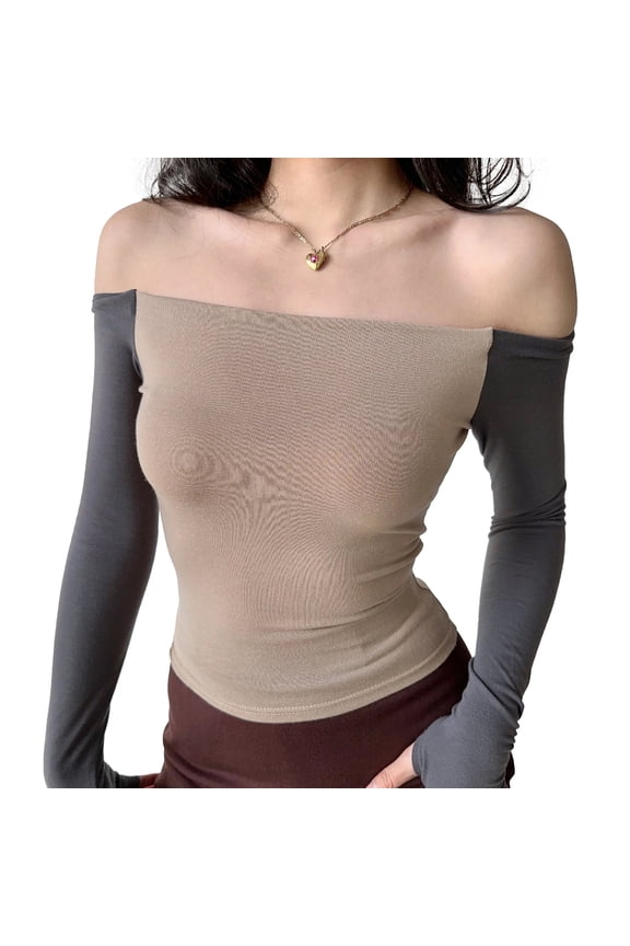 Women's Off Shoulder Cropped Tops Contrast Color Long Sleeve Show Navel T-Shirts Streetwear