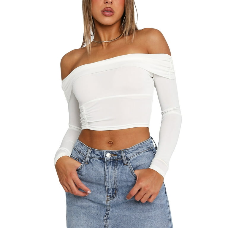 Women's Off-Shoulder Cropped Tops Solid Color Long Sleeve
