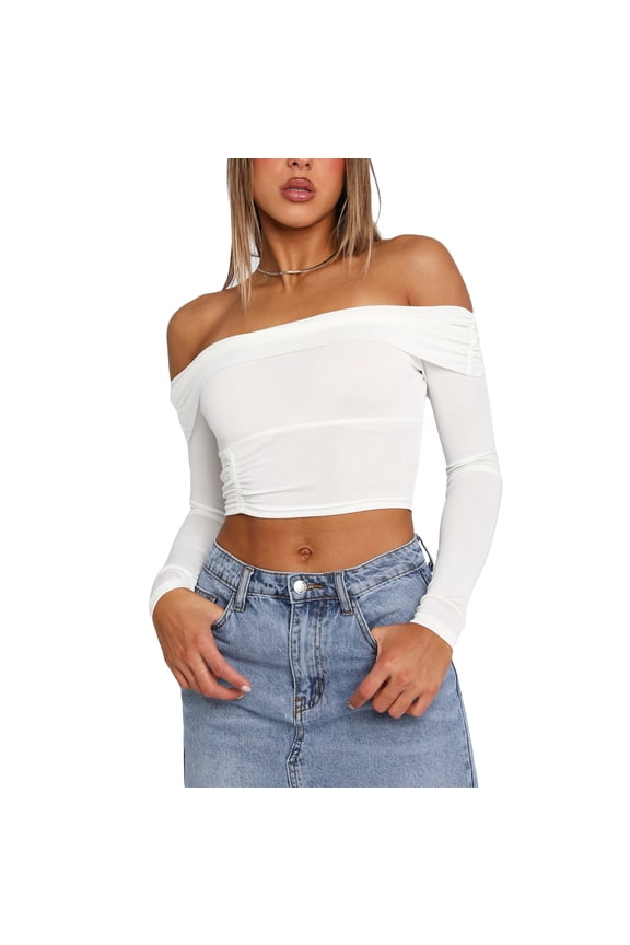 Women's Off-Shoulder Cropped Tops Solid Color Long Sleeve Ruched Show Navel T-Shirts