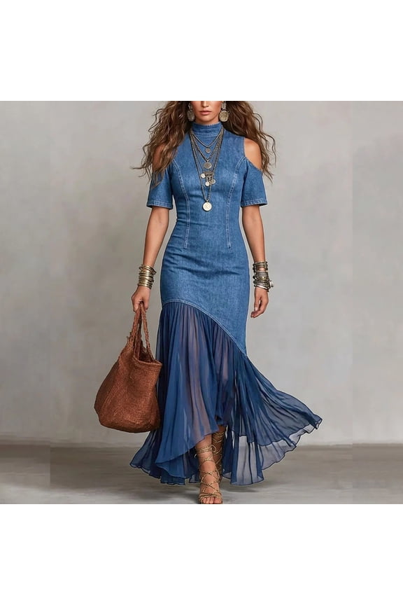 Women's Off Shoulder Denim Dress – French Mesh Pleated Flowy Maxi Dress – Slimming Short Sleeve Party Dress for Summer – Size S-XXL