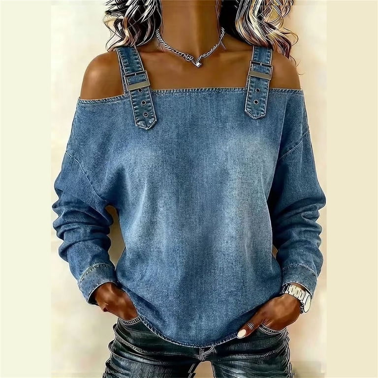Women's Off-Shoulder Denim Look Top, Long Sleeve Adjustable Strap