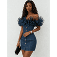 thumbnail image 1 of Women's Off Shoulder Denim Mini Dress, Ruffle Sleeve Bodycon Party Dress, 1 of 3