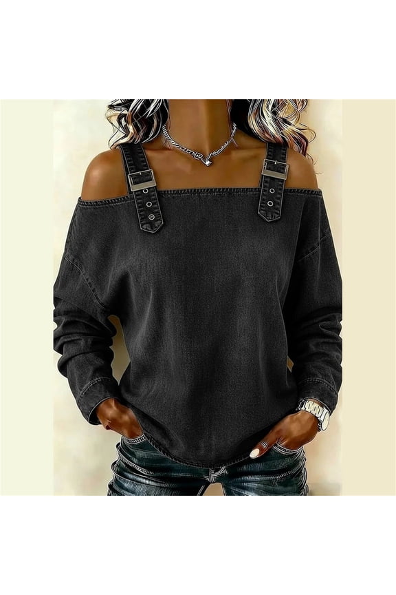 Women's Off-Shoulder Denim Shirt, Long Sleeve Button Strap Design Casual Top with Adjustable Straps, Retro Style Blouse for Daily Wear and Street Fashion Black M