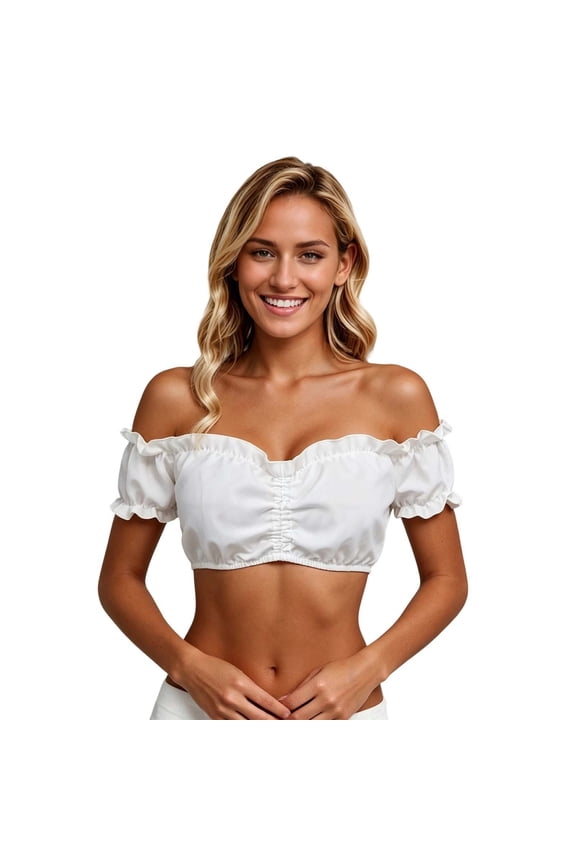 Women's Off Shoulder Dirndl Blouse Ruffle Trim Cropped Top with Puff Sleeve Summer Oktoberfest Top White S