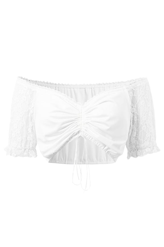 Women's Off Shoulder Dirndl Crop Blouse Lace Puff Sleeves with Ruffled Trim Ruched Bust with Drawstring Cropped Length for Oktoberfest Casual Styling