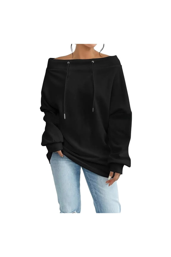 Women's Off Shoulder Drawstring Long Sleeve Sweatshirt Casual Pullover Top Comfortable Fit Daily Wear Home or Work