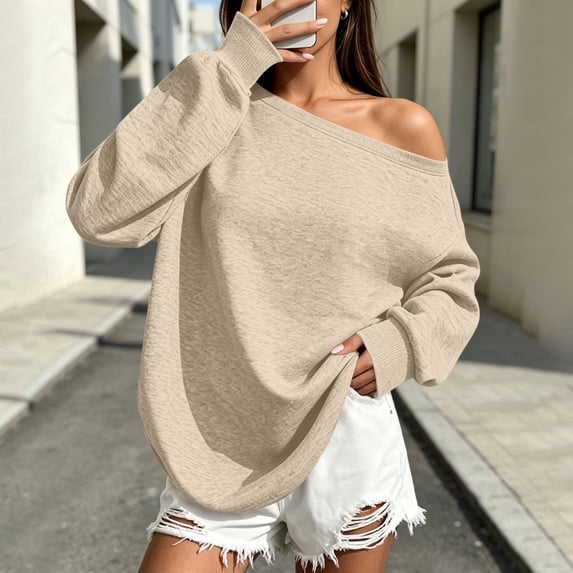 Women's Off Shoulder Drop Shoulder Oversized Long Sleeve Knit Pullover Top Casual Breathable | CSEONE, Khaki S