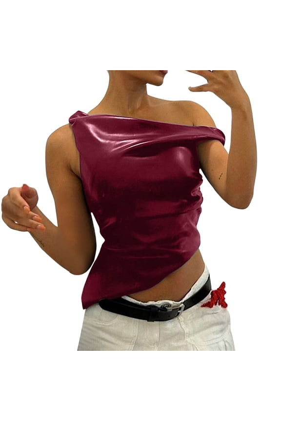 Women's Off Shoulder Faux Leather Top - Asymmetrical, Ruched, Slim Fit - Sexy Streetwear Tank