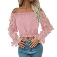 thumbnail image 1 of Women's Off Shoulder Floral Mesh Long Sleeve Ruffle Trim Crop Blouse Top, 1 of 4