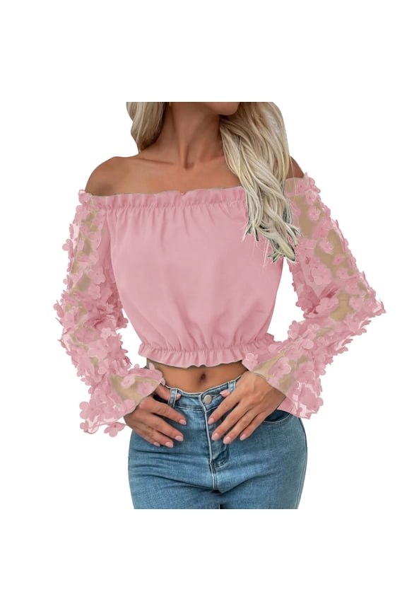 Women's Off Shoulder Floral Mesh Long Sleeve Ruffle Trim Crop Blouse Top