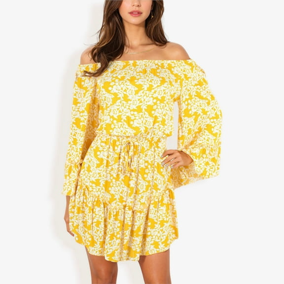 Women's Off Shoulder Floral Print Dress With Balloon Sleeves And Ruffle Hem- Large, Yellow