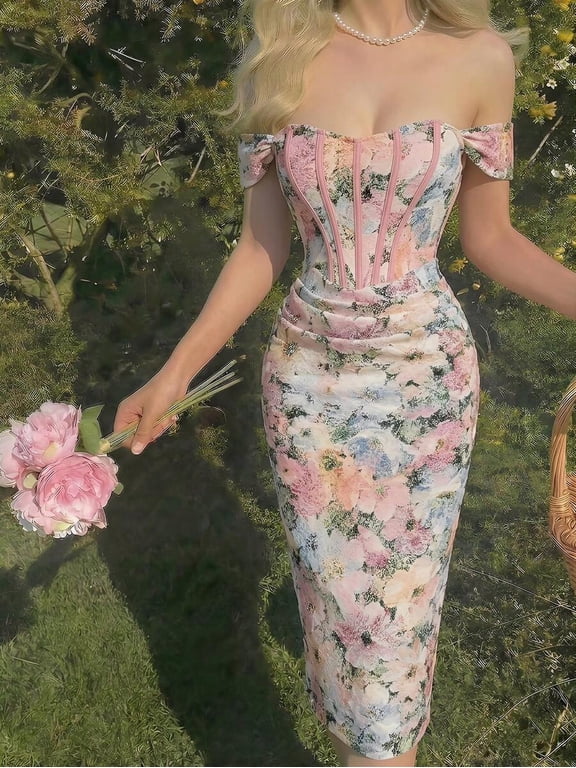 Women's Off Shoulder Floral Print Fitted Midi Dress with Corset Detail and Ruched Waist, Slimming Elegant Dress for Special Occasions