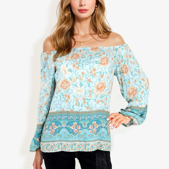 Women's Off Shoulder Floral Print Long Sleeve Bohemian Blouse- Small, Teal