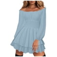 thumbnail image 1 of Women's Off Shoulder Flowy Corset Mini Dress Smocked Ruffle Romper Y2k Swing Fairy Short Dresses, 1 of 6