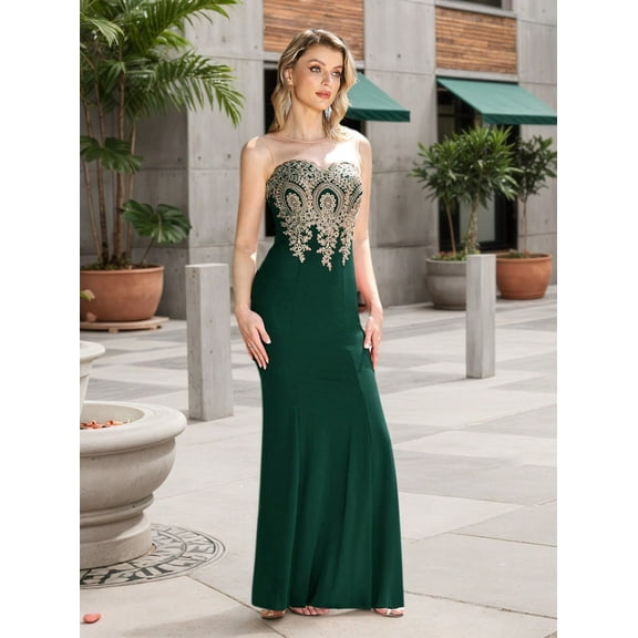 Women's  Off-Shoulder Gold Thread Embroidered Mermaid-Style Evening Gown, Perfect for Christmas and Halloween Costumes