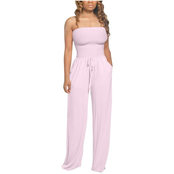 Women's Off Shoulder Jumpsuit - Bandeau Strapless Wide Leg Long Pants Loose Smocked Tube Top Beach Romper with Pockets