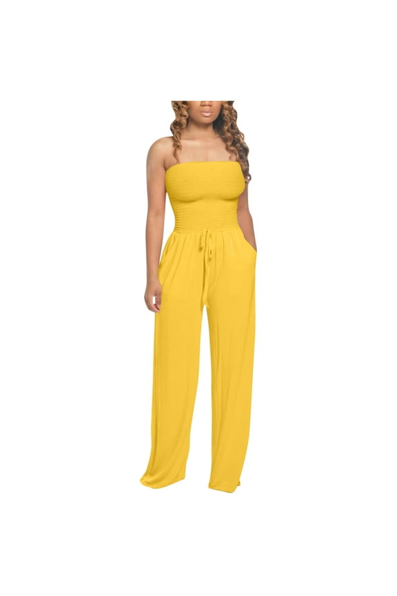 Women's Off Shoulder Jumpsuit - Bandeau Strapless Wide Leg Long Pants Loose Smocked Tube Top Beach Romper with Pockets