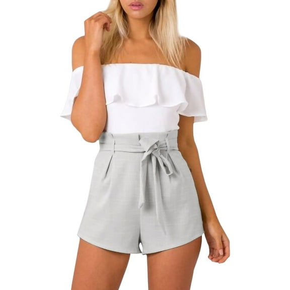 Women's Off Shoulder Jumpsuit Ruffled Bow Tie Shorts Set- X Large,Gray