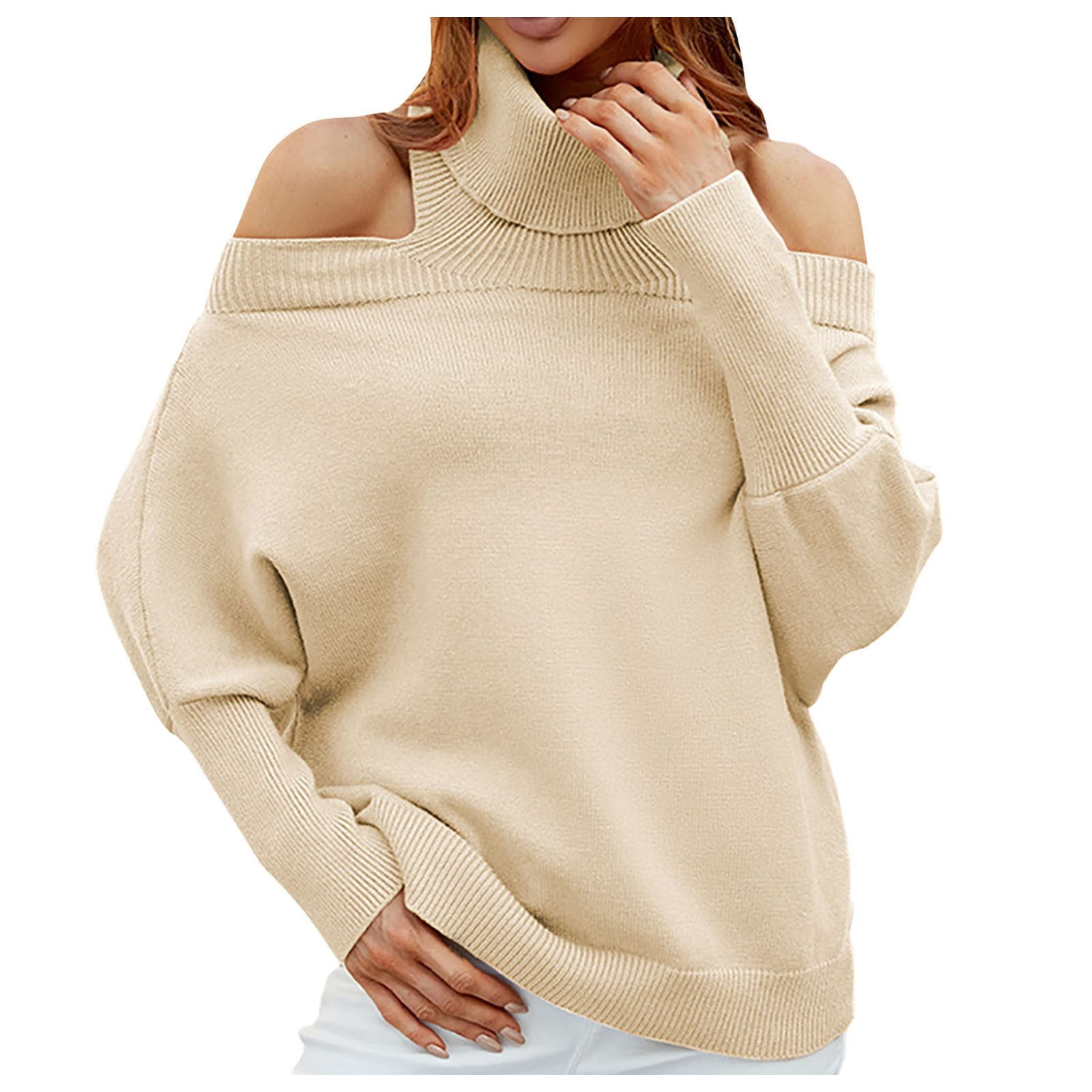 Women s Off Shoulder Knit Sweater Long Sleeve Turtleneck Fall Winter Sweaters Casual Soft Pullover Jumper Tops Walmart