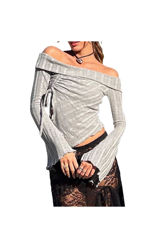 Women’s Off Shoulder Knit Tops Long Sleeve Striped Print Slim Fit Sweater Drawstring T-Shirt