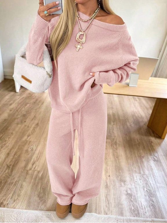 Women's Off Shoulder Knit Two-Piece Set, Asymmetric Neck Long Sleeve Top & Drawstring Waist Wide Leg Pants, Soft Casual Knit Outfit for Fall & Winter