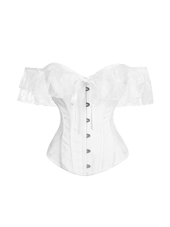 Women’s Off Shoulder Lace Bustier - Fishbone Waist Training Corset Top with Ribbing