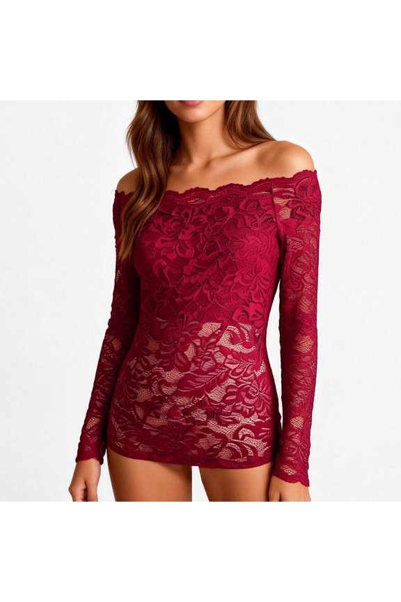 Women's Off Shoulder Lace Top, Fan Shaped Neckline Slim Fit Long Sleeve Blouse, Elegant Feminine Top for Special Occasions or Photoshoots, Red - XL