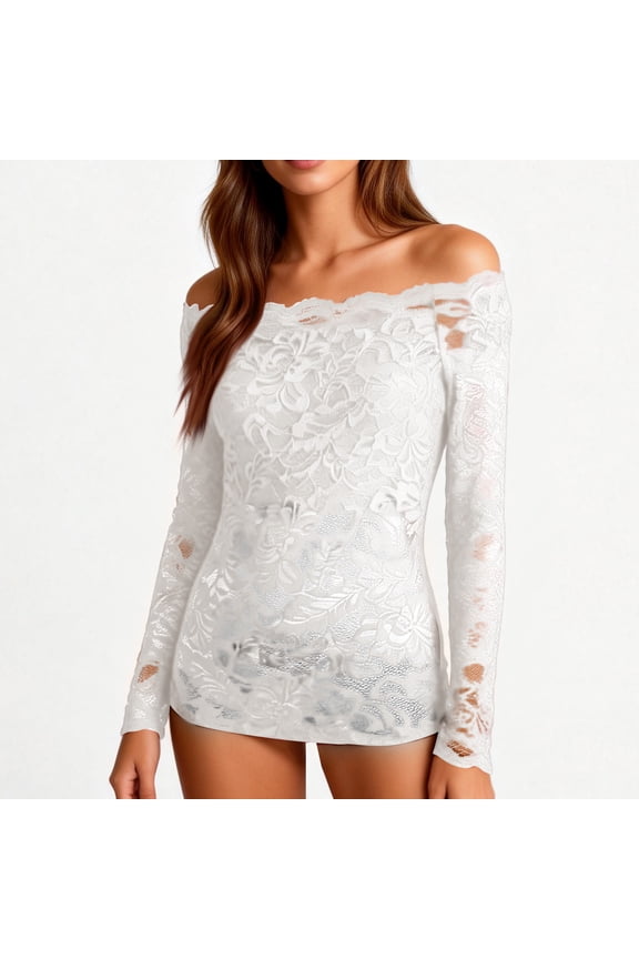 Women's Off Shoulder Lace Top, Fan Shaped Neckline Slim Fit Long Sleeve Blouse, Elegant Feminine Top for Special Occasions or Photoshoots, White - M