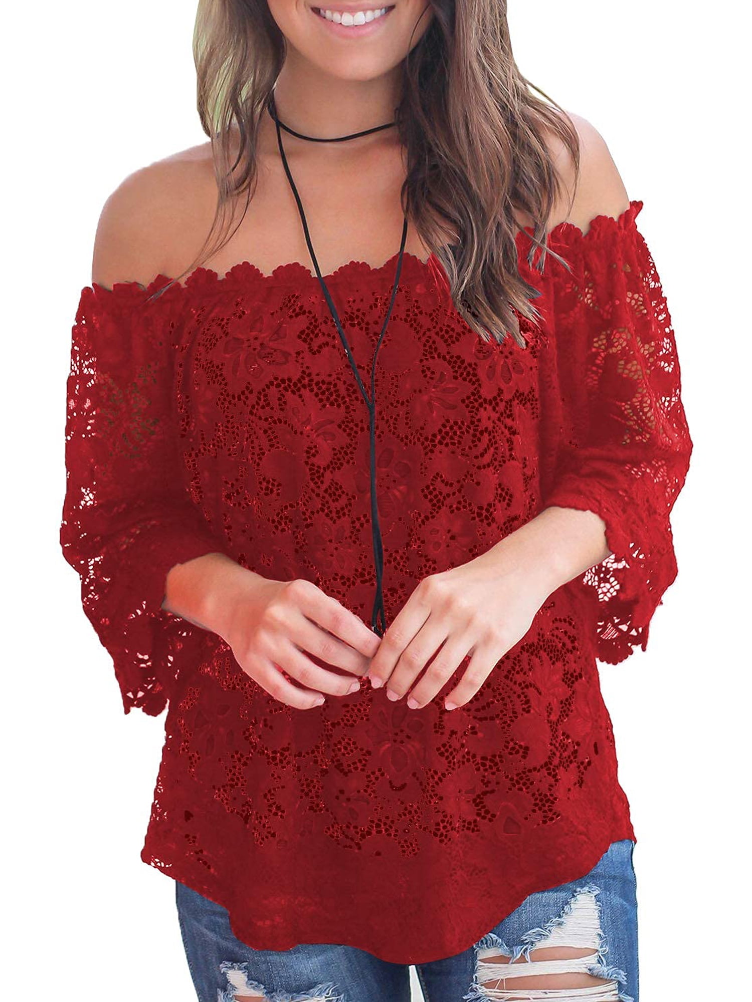 Women's Off Shoulder Lace Tops Casual Loose Blouse 3/4