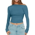 thumbnail image 1 of Women's Off Shoulder Long Sleeve Crop Top Casual Slim Fit Boat Neck T-Shirt for Going Out and Daily Wear, 1 of 4