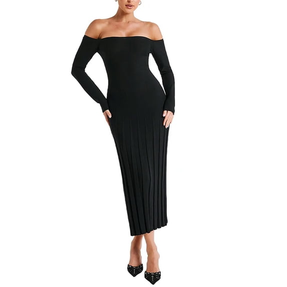 Women's Off Shoulder Long Sleeve Dress Solid Color Knitted Long Dress Backless Pleated Jacquard Hem Slim Fit Party Dress-Black-L