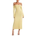thumbnail image 1 of Women's Off Shoulder Long Sleeve Dress Solid Color Knitted Long Dress Backless Pleated Jacquard Hem Slim Fit Party Dress-Yellow-S, 1 of 7