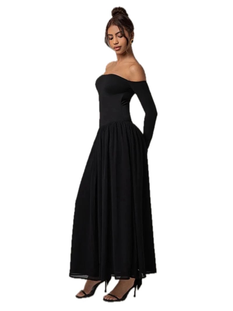 women's fully lined dresses Rulvian Women's Off Shoulder Long Sleeve Maxi Dress with Ruched Sheer Details and Fully Lined Bodice 94% polyester 6% elastane, Size: Small