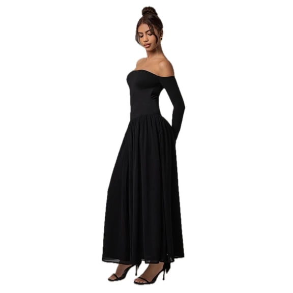 Women's Off Shoulder Long Sleeve Maxi Dress with Ruched Sheer Details and Fully Lined Bodice 94% polyester 6% elastane