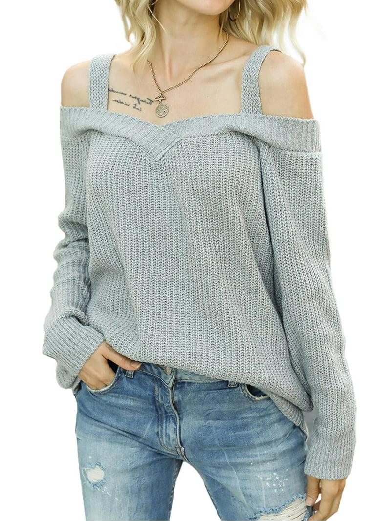Women's Off Shoulder Long Sleeve V-Neck Sweater with Straps