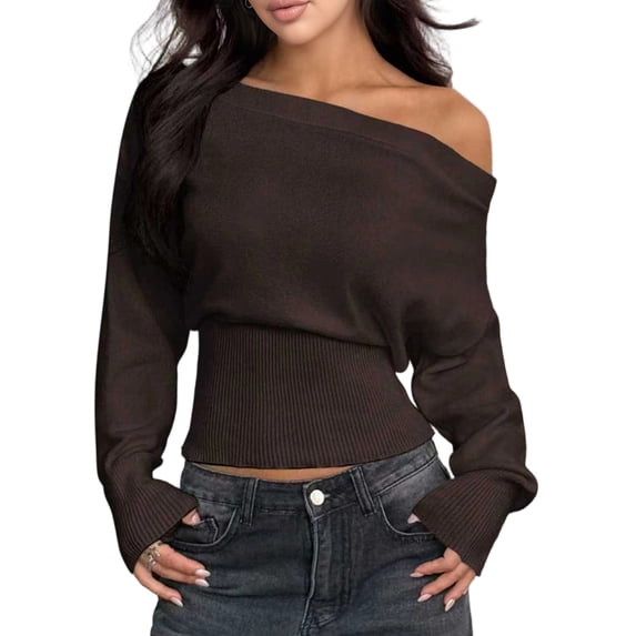 Women's Off Shoulder Loose Waist-Cinching Slimming Long Sleeve Knit Sweater Brown S