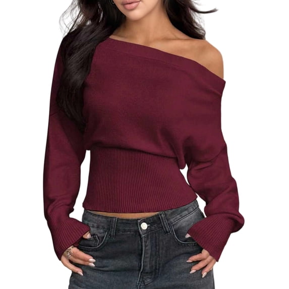 Women's Off Shoulder Loose Waist-Cinching Slimming Long Sleeve Knit Sweater Wine Red S