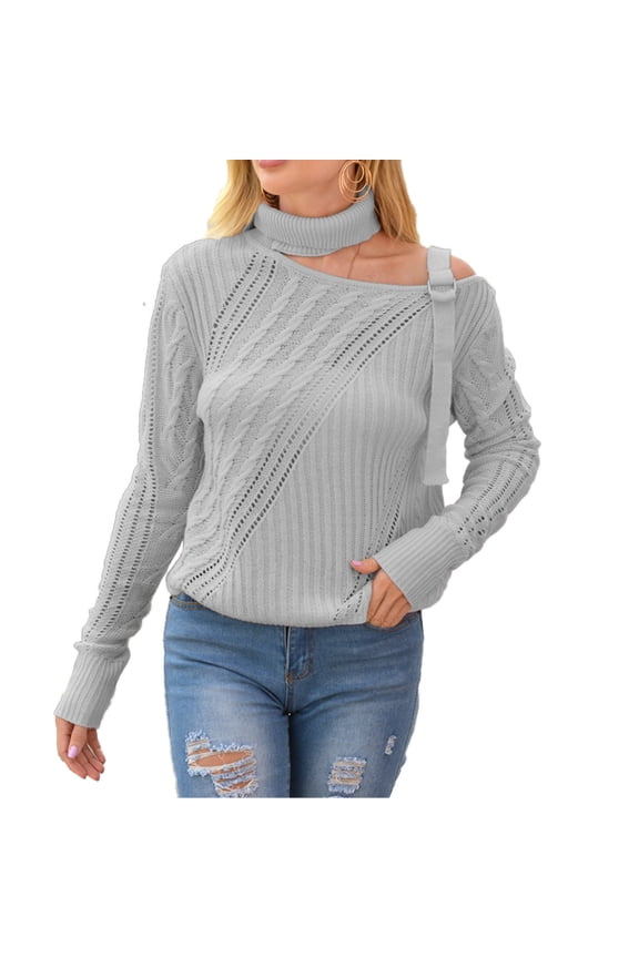 Women's Off Shoulder Metallic Trim Long Sleeve Pullover Sweater Halterneck Casual Knit Top for Spring Autumn