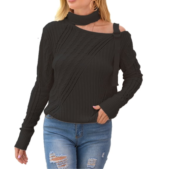 Women's Off Shoulder Metallic Trim Long Sleeve Pullover Sweater Halterneck Casual Knit Top for Spring Autumn