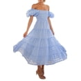 thumbnail image 1 of Women's Off Shoulder Midi Dress with Short Puff Sleeves Smocked Ruched Bodice True Midi Length 95% Polyester 5% Spandex, 1 of 30